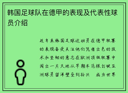 韩国足球队在德甲的表现及代表性球员介绍